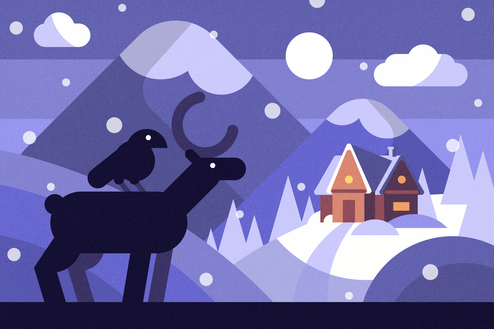 a deer and a crow look over a wintry scene at a house in the distance